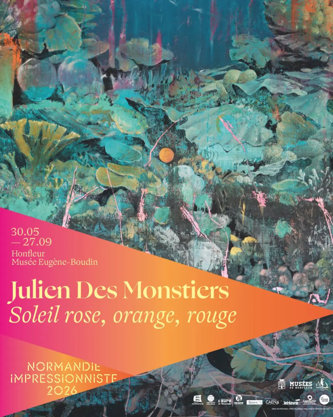 Julien des Monstiers. Soleil rose, orange, rouge : affiche de l'exposition à Honfleur pour le Festival Normandie Impressionniste 2026